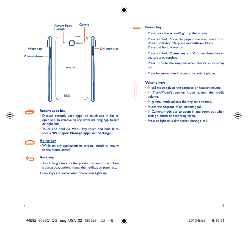 4 5Volume up SIM card slotVolume downCameraCamera Flash/FlashlightRecent apps key•  Displays recently used apps list, touch app in list to open app. To remove an app from list drag app to left or right side.•  Touch and hold: As Menu key, touch and hold it to access Wallpaper, Manage apps and Settings.Home key•  While on any application or screen,  touch to return to the Home screen.Back key•  Touch to go back to the previous screen or to close a dialog box, options menu, the notification panel, etc.These keys are visible when the screen lights up.Power key•  Press: Lock the screen/Light up the screen•  Press and hold: Show the pop-up menu to select from Power off/Reboot/Airplane mode/Ringer Mode.Press and hold: Power on•  Press and hold Power key and Volume down key to capture a screenshot.•  Press to mute the ringtone when there’s an incoming call.•  Press for more than 7 seconds to restart phone.Volume keys •  In call mode adjusts the earpiece or headset volume.•  In Music/Video/Streaming mode adjusts the media volume.•  In general mode adjusts the ring tone volume.•  Mutes the ringtone of an incoming call.•  In Camera mode use to zoom in and zoom out when taking a photo or recording video.•  Press to light up a dim screen during a call.IP4582_6033Q_QG_Eng_USA_02_130523.indd   4-5IP4582_6033Q_QG_Eng_USA_02_130523.indd   4-5 2013-5-23    6:10:512013-5-23    6:10:51
