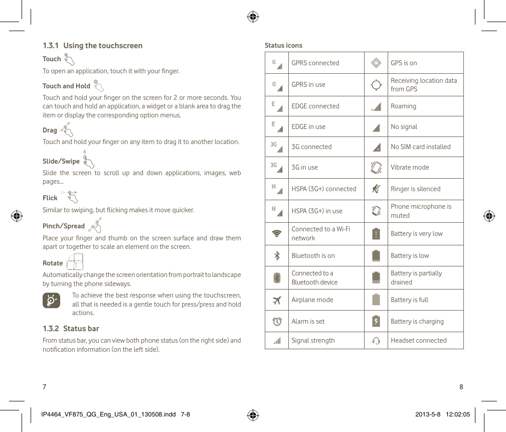 78Using the touchscreen1.3.1 Touch  To open an application, touch it with your finger.Touch and Hold  Touch and hold your finger on the screen for 2 or more seconds. You can touch and hold an application, a widget or a blank area to drag the item or display the corresponding option menus.Drag  Touch and hold your finger on any item to drag it to another location.Slide/Swipe  Slide  the  screen  to  scroll  up  and  down  applications,  images,  web pages...Flick  Similar to swiping, but flicking makes it move quicker.Pinch/Spread  Place  your  finger  and  thumb  on  the  screen  surface  and  draw them apart or together to scale an element on the screen.Rotate  Automatically change the screen orientation from portrait to landscape by turning the phone sideways.  To achieve the best response when using the touchscreen, all that is needed is a gentle touch for press/press and hold actions.Status bar1.3.2 From status bar, you can view both phone status (on the right side) and notification information (on the left side). Status iconsGPRS connected GPS is onGPRS in use Receiving location data from GPSEDGE connected RoamingEDGE in use No signal3G connected No SIM card installed3G in use Vibrate modeHSPA (3G+) connected Ringer is silencedHSPA (3G+) in use Phone microphone is mutedConnected to a Wi-Fi network Battery is very lowBluetooth is on Battery is lowConnected to a Bluetooth deviceBattery is partially drainedAirplane mode Battery is fullAlarm is set Battery is chargingSignal strength Headset connectedIP4464_VF875_QG_Eng_USA_01_130508.indd   7-8 2013-5-8   12:02:05