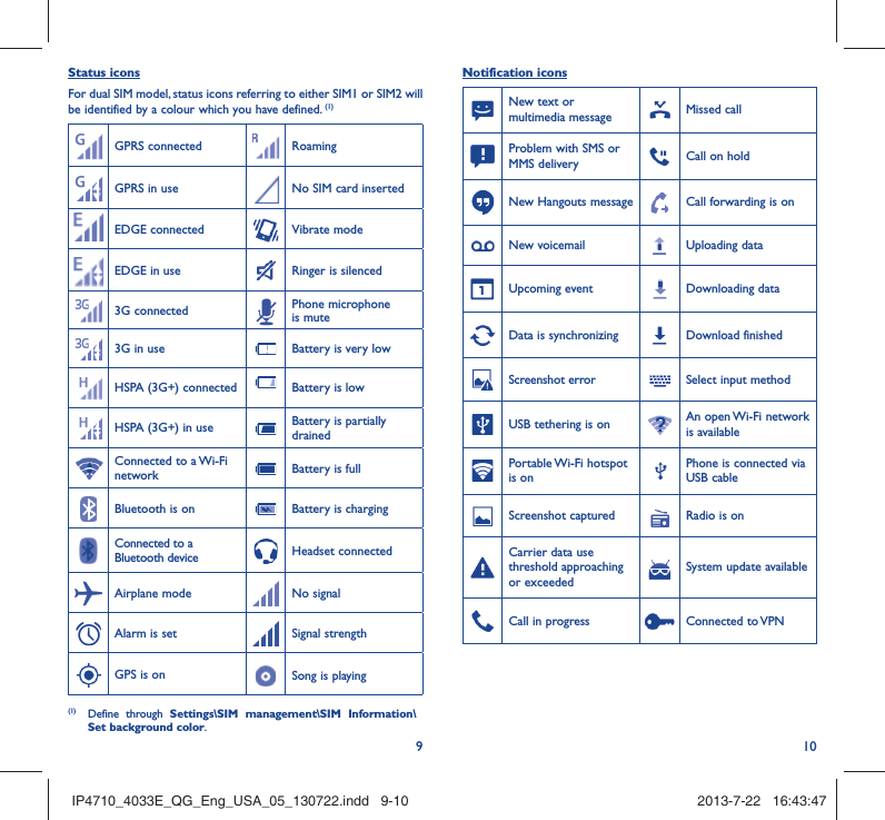 910Status iconsFor dual SIM model, status icons referring to either SIM1 or SIM2 will be identified by a colour which you have defined. (1)GPRS connected RoamingGPRS in use No SIM card insertedEDGE connected Vibrate modeEDGE in use Ringer is silenced3G connected Phone microphone is mute3G in use Battery is very lowHSPA (3G+) connected Battery is lowHSPA (3G+) in use Battery is partially drainedConnected to a Wi-Fi network Battery is fullBluetooth is on Battery is chargingConnected to a Bluetooth device Headset connectedAirplane mode No signal Alarm is set Signal strengthGPS is on Song is playing (1) Define through Settings\SIM management\SIM Information\Set background color.Notification iconsNew text or multimedia message Missed callProblem with SMS or MMS delivery Call on holdNew Hangouts message Call forwarding is onNew voicemail Uploading dataUpcoming event Downloading dataData is synchronizing Download finishedScreenshot error Select input methodUSB tethering is on An open Wi-Fi network is availablePortable Wi-Fi  hotspot is onPhone is connected via USB cableScreenshot captured Radio is onCarrier data use threshold approaching or exceededSystem update availableCall in progress  Connected to VPNIP4710_4033E_QG_Eng_USA_05_130722.indd   9-10IP4710_4033E_QG_Eng_USA_05_130722.indd   9-10 2013-7-22   16:43:472013-7-22   16:43:47