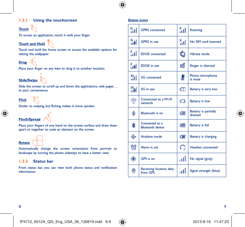 8 9Status iconsGPRS connected RoamingGPRS in use No SIM card insertedEDGE connected Vibrate modeEDGE in use Ringer is silenced3G connected Phone microphone is mute3G in use Battery is very lowConnected to a Wi-Fi network Battery is lowBluetooth is on Battery is partially drainedConnected to a Bluetooth device Battery is fullAirplane mode Battery is chargingAlarm is set Headset connectedGPS is on No signal (gray)Receiving location data from GPS Signal strength (blue)1.3.1  Using the touchscreenTouch  To access an application, touch it with your finger.Touch and Hold  Touch and hold the home screen to access the available options for setting the wallpaper.Drag  Place your finger on any item to drag it to another location.Slide/Swipe  Slide the screen to scroll up and down the applications, web pages… at your convenience.Flick  Similar to swiping, but flicking makes it move quicker.Pinch/Spread  Place your fingers of one hand on the screen surface and draw them apart or together to scale an element on the screen.Rotate  Automatically change the screen orientation from portrait to landscape by turning the phone sideways to have a better view.1.3.2  Status barFrom status bar, you can view both phone status and notification information. IP4712_6012A_QG_Eng_USA_06_130819.indd   8-9IP4712_6012A_QG_Eng_USA_06_130819.indd   8-9 2013-8-19   11:47:232013-8-19   11:47:23