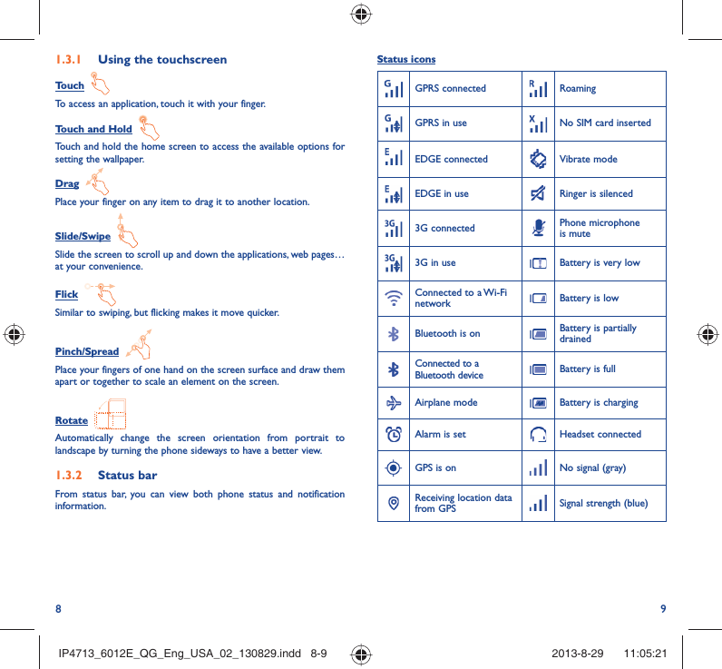 8 9Status iconsGPRS connected RoamingGPRS in use No SIM card insertedEDGE connected Vibrate modeEDGE in use Ringer is silenced3G connected Phone microphone is mute3G in use Battery is very lowConnected to a Wi-Fi network Battery is lowBluetooth is on Battery is partially drainedConnected to a Bluetooth device Battery is fullAirplane mode Battery is chargingAlarm is set Headset connectedGPS is on No signal (gray)Receiving location data from GPS Signal strength (blue)1.3.1  Using the touchscreenTouch  To access an application, touch it with your finger.Touch and Hold  Touch and hold the home screen to access the available options for setting the wallpaper.Drag  Place your finger on any item to drag it to another location.Slide/Swipe  Slide the screen to scroll up and down the applications, web pages… at your convenience.Flick  Similar to swiping, but flicking makes it move quicker.Pinch/Spread  Place your fingers of one hand on the screen surface and draw them apart or together to scale an element on the screen.Rotate  Automatically change the screen orientation from portrait to landscape by turning the phone sideways to have a better view.1.3.2  Status barFrom status bar, you can view both phone status and notification information. IP4713_6012E_QG_Eng_USA_02_130829.indd   8-9IP4713_6012E_QG_Eng_USA_02_130829.indd   8-9 2013-8-29    11:05:212013-8-29    11:05:21