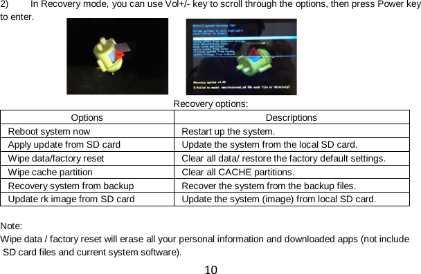 10 2) In Recovery mode, you can use Vol+/- key to scroll through the options, then press Power key to enter.     Recovery options: Options Descriptions Reboot system now Restart up the system. Apply update from SD card Update the system from the local SD card. Wipe data/factory reset Clear all data/ restore the factory default settings. Wipe cache partition Clear all CACHE partitions. Recovery system from backup Recover the system from the backup files. Update rk image from SD card Update the system (image) from local SD card.  Note:   Wipe data / factory reset will erase all your personal information and downloaded apps (not include    SD card files and current system software). 