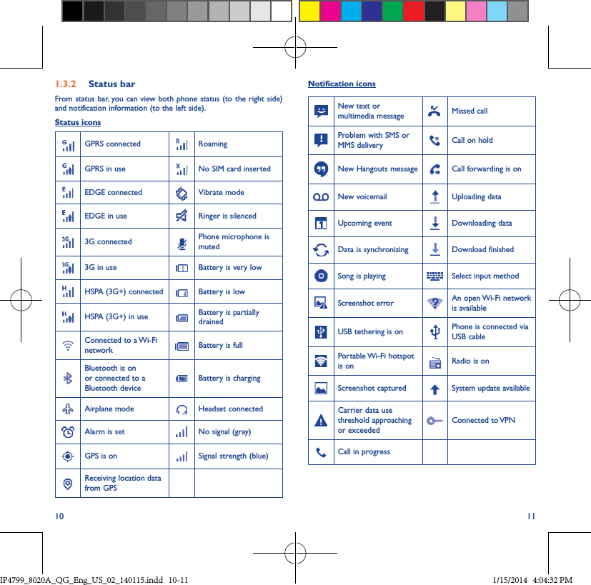 10 111�3�2  Status barFrom status bar, you can view both phone status (to the right side) and notification information (to the left side). Status iconsGPRS connected RoamingGPRS in use  No SIM card insertedEDGE connected Vibrate modeEDGE in use Ringer is silenced3G connected Phone microphone is muted3G in use Battery is very lowHSPA (3G+) connected Battery is lowHSPA (3G+) in use Battery is partially drainedConnected to a Wi-Fi network Battery is fullBluetooth is on or connected to a Bluetooth deviceBattery is chargingAirplane mode Headset connectedAlarm is set No signal (gray)GPS is on Signal strength (blue)Receiving location data from GPSNotification iconsNew text or multimedia message Missed callProblem with SMS or MMS delivery Call on holdNew Hangouts message Call forwarding is onNew voicemail Uploading dataUpcoming event Downloading dataData is synchronizing Download finishedSong is playing  Select input methodScreenshot error An open Wi-Fi network is availableUSB tethering is on Phone is connected via USB cablePortable Wi-Fi  hotspot is on Radio is onScreenshot captured System update availableCarrier data use threshold approaching or exceededConnected  to VPNCall in progress IP4799_8020A_QG_Eng_US_02_140115.indd   10-11 1/15/2014   4:04:32 PM