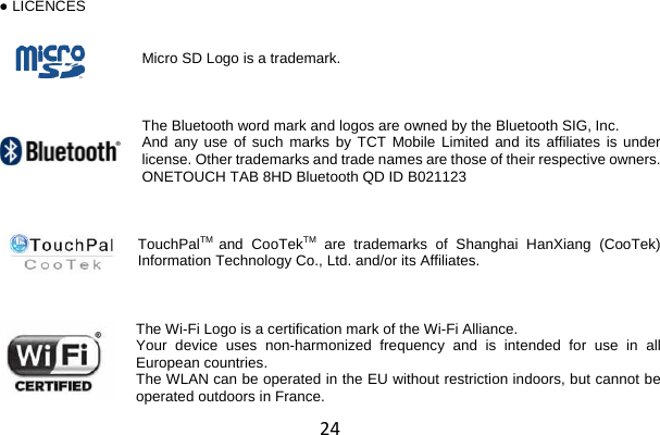 24 ● LICENCES   Micro SD Logo is a trademark.    The Bluetooth word mark and logos are owned by the Bluetooth SIG, Inc. And any use of such marks by TCT Mobile Limited and its affiliates is under license. Other trademarks and trade names are those of their respective owners. ONETOUCH TAB 8HD Bluetooth QD ID B021123    TouchPalTM and CooTekTM are trademarks of Shanghai HanXiang (CooTek) Information Technology Co., Ltd. and/or its Affiliates.    The Wi-Fi Logo is a certification mark of the Wi-Fi Alliance. Your device uses non-harmonized frequency and is intended for use in all European countries. The WLAN can be operated in the EU without restriction indoors, but cannot be operated outdoors in France. 