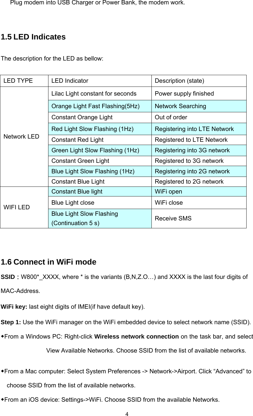    4       Plug modem into USB Charger or Power Bank, the modem work.  1.5 LED Indicates  The description for the LED as bellow:  LED TYPE  LED Indicator    Description (state) Network LED Lilac Light constant for seconds  Power supply finished Orange Light Fast Flashing(5Hz)  Network Searching Constant Orange Light  Out of order Red Light Slow Flashing (1Hz)  Registering into LTE Network Constant Red Light  Registered to LTE Network Green Light Slow Flashing (1Hz)  Registering into 3G network Constant Green Light      Registered to 3G network Blue Light Slow Flashing (1Hz)  Registering into 2G network Constant Blue Light      Registered to 2G network WIFI LED   Constant Blue light  WiFi open Blue Light close  WiFi close Blue Light Slow Flashing (Continuation 5 s)  Receive SMS   1.6 Connect in WiFi mode SSID：W800*_XXXX, where * is the variants (B,N,Z.O…) and XXXX is the last four digits of MAC-Address. WiFi key: last eight digits of IMEI(if have default key). Step 1: Use the WiFi manager on the WiFi embedded device to select network name (SSID). ◆From a Windows PC: Right-click Wireless network connection on the task bar, and select View Available Networks. Choose SSID from the list of available networks. ◆From a Mac computer: Select System Preferences -&gt; Network-&gt;Airport. Click “Advanced” to choose SSID from the list of available networks. ◆From an iOS device: Settings-&gt;WiFi. Choose SSID from the available Networks. 