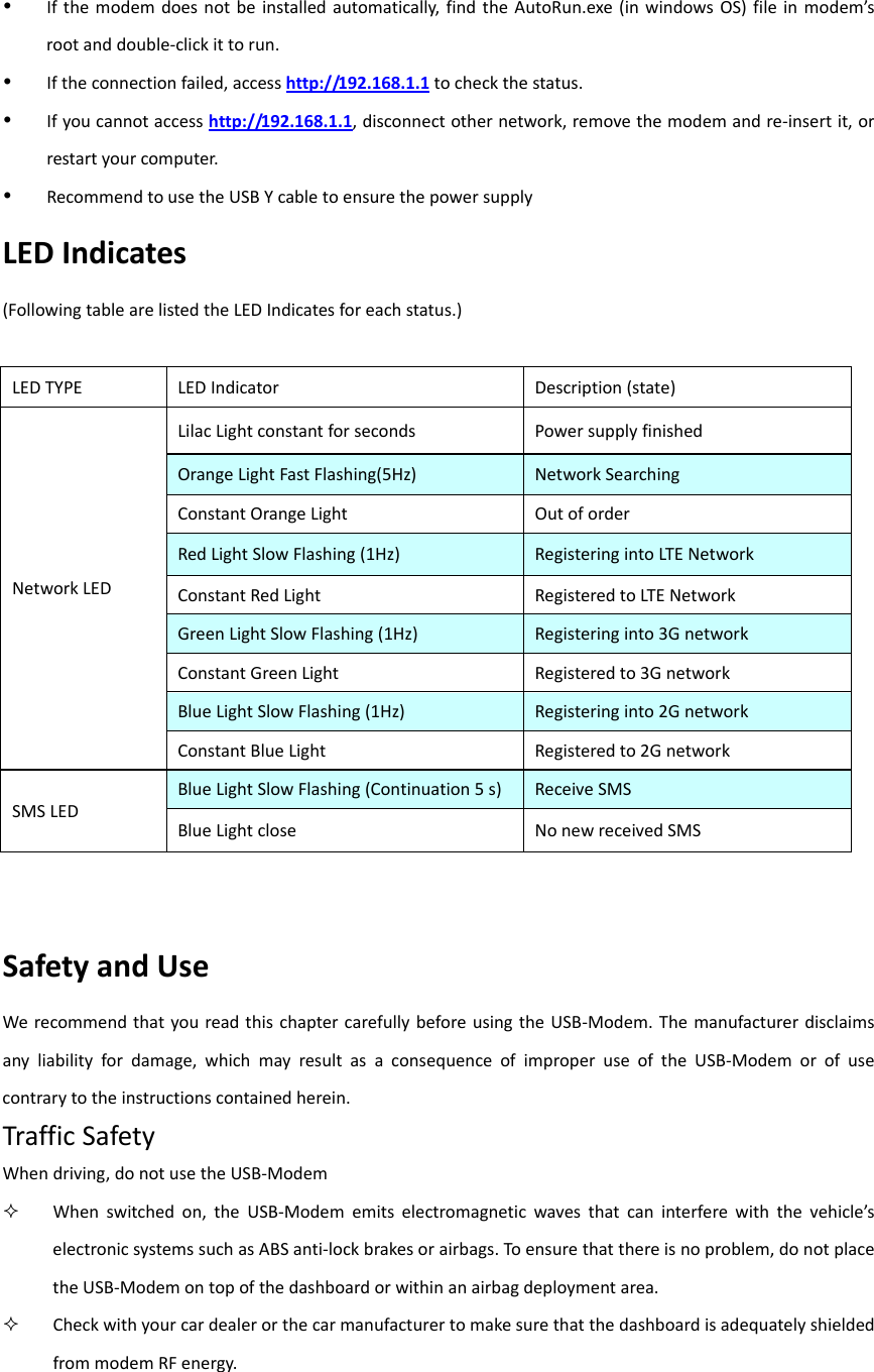  Ifthemodemdoesnotbeinstalledautomatically,findtheAutoRun.exe(inwindowsOS)fileinmodem’srootanddouble‐clickittorun. Iftheconnectionfailed,accesshttp://192.168.1.1tocheckthestatus. Ifyoucannotaccesshttp://192.168.1.1,disconnectothernetwork,removethemodemandre‐insertit,orrestartyourcomputer. RecommendtousetheUSBYcabletoensurethepowersupplyLEDIndicates(FollowingtablearelistedtheLEDIndicatesforeachstatus.)LEDTYPELEDIndicator Description(state)NetworkLEDLilacLightconstantforsecondsPowersupplyfinishedOrangeLightFastFlashing(5Hz)NetworkSearchingConstantOrangeLightOutoforderRedLightSlowFlashing(1Hz)RegisteringintoLTENetworkConstantRedLightRegisteredtoLTENetworkGreenLightSlowFlashing(1Hz)Registeringinto3GnetworkConstantGreenLight Registeredto3GnetworkBlueLightSlowFlashing(1Hz)Registeringinto2GnetworkConstantBlueLight Registeredto2GnetworkSMSLEDBlueLightSlowFlashing(Continuation5s)ReceiveSMSBlueLightcloseNonewreceivedSMSSafetyandUseWerecommendthatyoureadthischaptercarefullybeforeusingtheUSB‐Modem.Themanufacturerdisclaimsanyliabilityfordamage,whichmayresultasaconsequenceofimproperuseoftheUSB‐Modemorofusecontrarytotheinstructionscontainedherein.TrafficSafetyWhendriving,donotusetheUSB‐Modem Whenswitchedon,theUSB‐Modememitselectromagneticwavesthatcaninterferewiththevehicle’selectronicsystemssuchasABSanti‐lockbrakesorairbags.Toensurethatthereisnoproblem,donotplacetheUSB‐Modemontopofthedashboardorwithinanairbagdeploymentarea. CheckwithyourcardealerorthecarmanufacturertomakesurethatthedashboardisadequatelyshieldedfrommodemRFenergy.