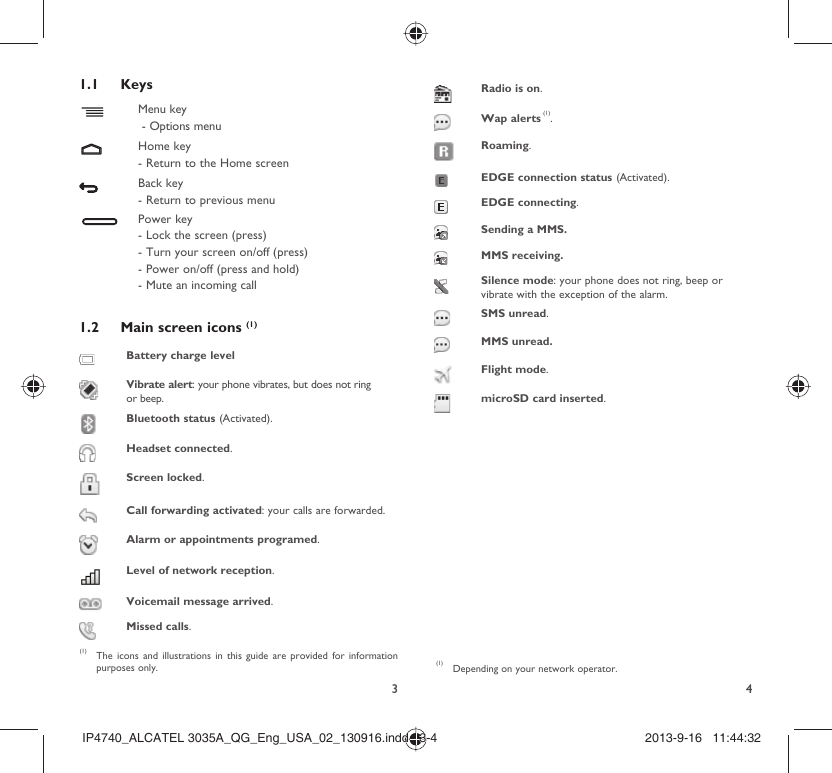 341.1 KeysMenu key - Options menuHome key- Return to the Home screenBack key - Return to previous menuPower key- Lock the screen (press)- Turn your screen on/off (press)- Power on/off (press and hold)- Mute an incoming call1.2  Main screen icons (1)Battery charge levelVibrate alert: your phone vibrates, but does not ring or beep.Bluetooth status (Activated).Headset connected.Screen locked.Call forwarding activated: your calls are forwarded. Alarm or appointments programed.Level of network reception.Voicemail message arrived.Missed calls.  (1)  The icons and illustrations in this guide are provided for information purposes only.Radio is on.Wap alerts (1).Roaming.EDGE connection status (Activated).EDGE connecting.Sending a MMS.MMS receiving.Silence mode: your phone does not ring, beep or vibrate with the exception of the alarm.SMS unread.MMS unread.Flight mode.microSD card inserted.(1)  Depending on your network operator.IP4740_ALCATEL 3035A_QG_Eng_USA_02_130916.indd   3-4IP4740_ALCATEL 3035A_QG_Eng_USA_02_130916.indd   3-4 2013-9-16   11:44:322013-9-16   11:44:32