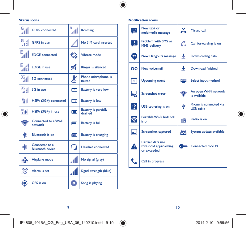910Status iconsGPRS connected RoamingGPRS in use No SIM card insertedEDGE connected Vibrate modeEDGE in use Ringer is silenced3G connected Phone microphone is muted3G in use Battery is very lowHSPA (3G+) connected Battery is lowHSPA (3G+) in use Battery is partially drainedConnected to a Wi-Fi network Battery is fullBluetooth is on Battery is chargingConnected to a Bluetooth device Headset connectedAirplane mode No signal (gray)Alarm is set Signal strength (blue)GPS is on Song is playing Notification iconsNew text or multimedia message Missed callProblem with SMS or MMS delivery Call forwarding is onNew Hangouts message Downloading dataNew voicemail Download finishedUpcoming event Select input methodScreenshot error An open Wi-Fi network is availableUSB tethering is on Phone is connected via USB cablePortable Wi-Fi  hotspot is on Radio is onScreenshot captured System update availableCarrier data use threshold approaching or exceededConnected to VPNCall in progress IP4808_4015A_QG_Eng_USA_05_140210.indd   9-10IP4808_4015A_QG_Eng_USA_05_140210.indd   9-10 2014-2-10   9:59:562014-2-10   9:59:56