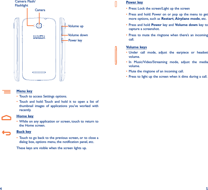 4 5Volume upVolume downCameraMenu key•  Touch to access Settings options.•  Touch and hold: Touch and hold it to open a list of thumbnail images of applications you&apos;ve worked with recently.Home key•  While on any application or screen, touch to return to the Home screen.Back key•  Touch to go back to the previous screen, or to close a dialog box, options menu, the notification panel, etc.These keys are visible when the screen lights up.Power key•  Press: Lock the screen/Light up the screen•  Press and hold: Power on or pop up the menu to get more options, such as Restart, Airplane mode, etc.•  Press and hold Power key and Volume down key to capture a screenshot.•  Press to mute the ringtone when there’s an incoming call.Volume keys •  Under call mode, adjust the earpiece or headset volume.•  In Music/Video/Streaming mode, adjust the media volume.•  Mute the ringtone of an incoming call.•  Press to light up the screen when it dims during a call.Power keyCamera Flash/Flashlight