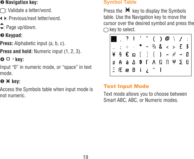 19 Navigation key:: Validate a letter/word.: Previous/next letter/word. : Page up/down. Keypad:Press: Alphabetic input (a, b, c).Press and hold: Numeric input (1, 2, 3). key:Input “0” in numeric mode, or “space” in text mode.  key:Access the Symbols table when input mode is not numeric. Symbol TablePress the   key to display the Symbols table. Use the Navigation key to move the cursor over the desired symbol and press the  key to select.Text Input Mode Text mode allows you to choose between Smart ABC, ABC, or Numeric modes.