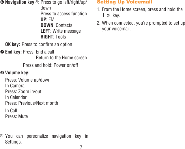 7 Navigation key (1):  Press to go left/right/up/down Press to access function UP: FM DOWN: Contacts LEFT: Write message RIGHT: Tools OK key: Press to conrm an option End key:  Press:  End a call  Return to the Home screen  Press and hold: Power on/off Volume key:    Press: Volume up/down In Camera Press: Zoom in/out In Calendar Press:  Previous/Next month  In Call  Press: Mute(1) You can personalize navigation key in  Settings.Setting Up Voicemail1. From the Home screen, press and hold the  key.2. When connected, you’re prompted to set up your voicemail.