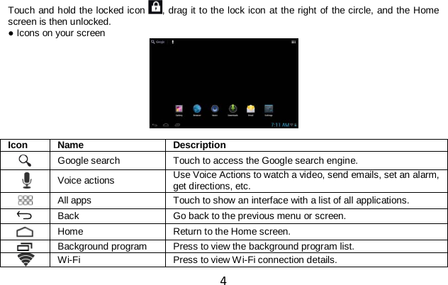 4 Touch and hold the locked icon  , drag it to the lock icon at the right of the circle, and the Home screen is then unlocked. ● Icons on your screen   Icon Name Description  Google search Touch to access the Google search engine.  Voice actions Use Voice Actions to watch a video, send emails, set an alarm, get directions, etc.  All apps Touch to show an interface with a list of all applications.  Back Go back to the previous menu or screen.  Home Return to the Home screen.  Background program Press to view the background program list.  Wi-Fi Press to view Wi-Fi connection details. 