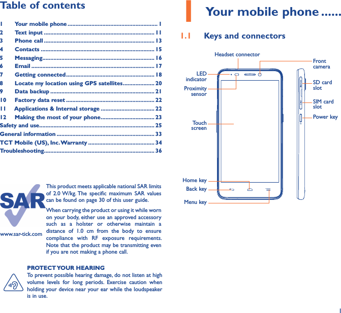 11 Your mobile phone ������1�1  Keys and connectorsLED indicatorProximity sensorHeadset connectorHome keyFront cameraSD card slotSIM card slotPower keyTouch screenBack keyMenu keyPROTECT YOUR HEARINGTo prevent possible hearing damage, do not listen at high volume  levels  for  long  periods.  Exercise  caution  when holding your device near your ear while the loudspeaker is in use.Table of contents1  Your mobile phone ��������������������������������������������������������� 12  Text input ���������������������������������������������������������������������� 113  Phone call ���������������������������������������������������������������������� 134  Contacts ������������������������������������������������������������������������ 155  Messaging����������������������������������������������������������������������� 166   Email ������������������������������������������������������������������������������ 177  Getting connected �������������������������������������������������������� 188  Locate my location using GPS satellites �������������������� 209  Data backup ������������������������������������������������������������������ 2110  Factory data reset �������������������������������������������������������� 2211   Applications &amp; Internal storage ���������������������������������� 2212   Making the most of your phone ���������������������������������� 23Safety and use ������������������������������������������������������������������������� 25General information �������������������������������������������������������������� 33TCT Mobile (US), Inc� Warranty ������������������������������������������ 34Troubleshooting���������������������������������������������������������������������� 36www.sar-tick.comThis product meets applicable national SAR limits of  2.0 W/kg. The  specific  maximum  SAR  values can be found on page 30 of this user guide.When carrying the product or using it while worn on your body, either use an approved accessory such  as  a  holster  or  otherwise  maintain  a distance  of  1.0  cm  from  the  body  to  ensure compliance  with  RF  exposure  requirements. Note that the product may be transmitting even if you are not making a phone call.