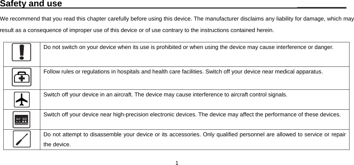 1  Safety and use                                                        __________ We recommend that you read this chapter carefully before using this device. The manufacturer disclaims any liability for damage, which may result as a consequence of improper use of this device or of use contrary to the instructions contained herein.  Do not switch on your device when its use is prohibited or when using the device may cause interference or danger.  Follow rules or regulations in hospitals and health care facilities. Switch off your device near medical apparatus.  Switch off your device in an aircraft. The device may cause interference to aircraft control signals.  Switch off your device near high-precision electronic devices. The device may affect the performance of these devices.  Do not attempt to disassemble your device or its accessories. Only qualified personnel are allowed to service or repair the device. 