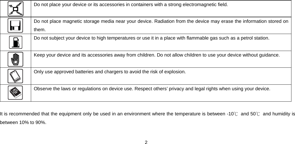 2   Do not place your device or its accessories in containers with a strong electromagnetic field.  Do not place magnetic storage media near your device. Radiation from the device may erase the information stored on them.  Do not subject your device to high temperatures or use it in a place with flammable gas such as a petrol station.  Keep your device and its accessories away from children. Do not allow children to use your device without guidance.  Only use approved batteries and chargers to avoid the risk of explosion.  Observe the laws or regulations on device use. Respect others’ privacy and legal rights when using your device.  It is recommended that the equipment only be used in an environment where the temperature is between -10℃ and 50℃ and humidity is between 10% to 90%.  