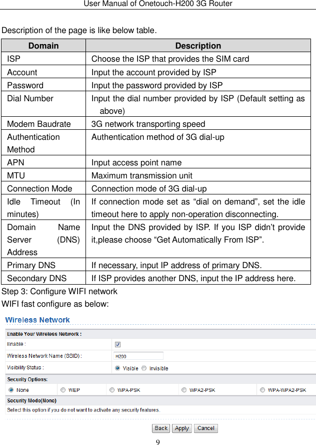 User Manual of Onetouch-H200 3G Router 9  Description of the page is like below table. Domain Description ISP Choose the ISP that provides the SIM card Account Input the account provided by ISP Password Input the password provided by ISP Dial Number Input the dial number provided by ISP (Default setting as above) Modem Baudrate 3G network transporting speed Authentication Method Authentication method of 3G dial-up APN Input access point name MTU Maximum transmission unit Connection Mode Connection mode of 3G dial-up Idle  Timeout  (In minutes) If connection mode set as “dial on demand”, set the idle timeout here to apply non-operation disconnecting. Domain  Name Server  (DNS) Address Input the DNS provided by ISP. If you ISP didn’t provide it,please choose “Get Automatically From ISP”. Primary DNS If necessary, input IP address of primary DNS. Secondary DNS If ISP provides another DNS, input the IP address here. Step 3: Configure WIFI network WIFI fast configure as below:  