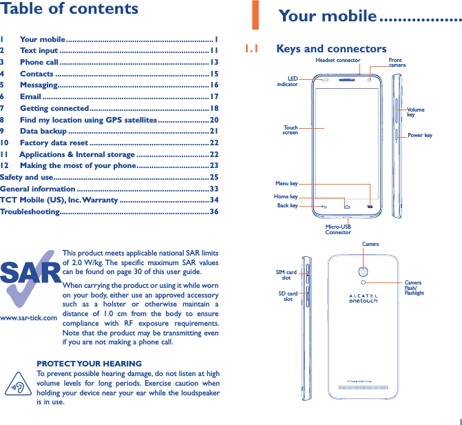 11 Your mobile ������������������1�1  Keys and connectorsMicro-USB ConnectorFront cameraLED indicatorHeadset connectorHome keyTouch screenBack keyMenu keyPower keyVolume keySD card slotSIM card slotCameraCamera Flash/FlashlightPROTECT YOUR HEARINGTo prevent possible hearing damage, do not listen at high volume  levels  for  long  periods.  Exercise  caution  when holding your device near your ear while the loudspeaker is in use.Table of contents1  Your mobile ���������������������������������������������������������������������12  Text input ����������������������������������������������������������������������113  Phone call ����������������������������������������������������������������������134  Contacts ������������������������������������������������������������������������155  Messaging�����������������������������������������������������������������������166   Email ������������������������������������������������������������������������������177  Getting connected ��������������������������������������������������������188  Find my location using GPS satellites ������������������������209  Data backup ������������������������������������������������������������������2110  Factory data reset ��������������������������������������������������������2211   Applications &amp; Internal storage ����������������������������������2212   Making the most of your phone ����������������������������������23Safety and use �������������������������������������������������������������������������25General information ��������������������������������������������������������������33TCT Mobile (US), Inc� Warranty ������������������������������������������34Troubleshooting����������������������������������������������������������������������36www.sar-tick.comThis product meets applicable national SAR limits of  2.0 W/kg. The  specific  maximum  SAR  values can be found on page 30 of this user guide.When carrying the product or using it while worn on your body, either use an approved accessory such  as  a  holster  or  otherwise  maintain  a distance  of  1.0  cm  from  the  body  to  ensure compliance  with  RF  exposure  requirements. Note that the product may be transmitting even if you are not making a phone call.