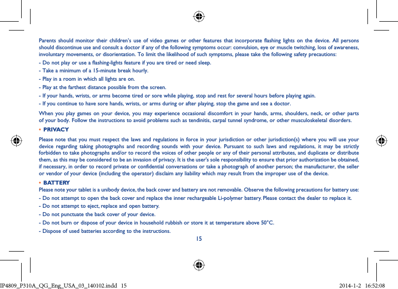 Page 15 of TCT Mobile 451 Tablet PC User Manual IP4809 P310A QG Eng USA 03 140102 indd