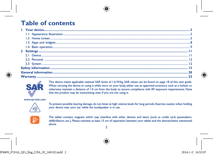 Page 2 of TCT Mobile 451 Tablet PC User Manual IP4809 P310A QG Eng USA 03 140102 indd