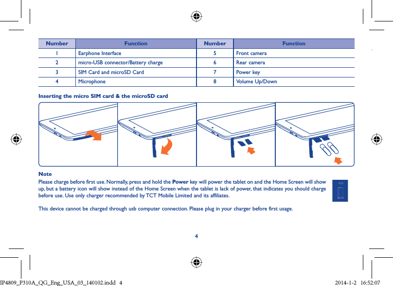 Page 4 of TCT Mobile 451 Tablet PC User Manual IP4809 P310A QG Eng USA 03 140102 indd