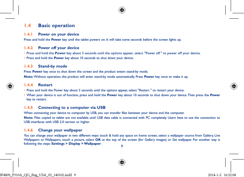 Page 9 of TCT Mobile 451 Tablet PC User Manual IP4809 P310A QG Eng USA 03 140102 indd