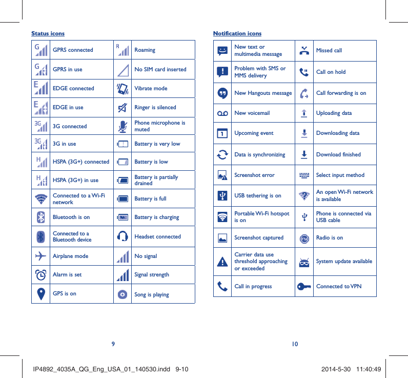 910Status iconsGPRS connected RoamingGPRS in use No SIM card insertedEDGE connected Vibrate modeEDGE in use Ringer is silenced3G connected Phone microphone is muted3G in use Battery is very lowHSPA (3G+) connected Battery is lowHSPA (3G+) in use Battery is partially drainedConnected to a Wi-Fi network Battery is fullBluetooth is on Battery is chargingConnected to a Bluetooth device Headset connectedAirplane mode No signalAlarm is set Signal strengthGPS is on Song is playing Notification iconsNew text or multimedia message Missed callProblem with SMS or MMS delivery Call on holdNew Hangouts message Call forwarding is onNew voicemail Uploading dataUpcoming event Downloading dataData is synchronizing Download finishedScreenshot error Select input methodUSB tethering is on An open Wi-Fi network is availablePortable Wi-Fi  hotspot is onPhone is connected via USB cableScreenshot captured Radio is onCarrier data use threshold approaching or exceededSystem update availableCall in progress  Connected to VPNIP4892_4035A_QG_Eng_USA_01_140530.indd   9-10IP4892_4035A_QG_Eng_USA_01_140530.indd   9-10 2014-5-30   11:40:492014-5-30   11:40:49