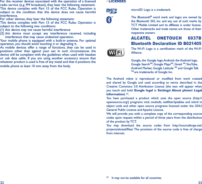 32 33For the receiver devices associated with the operation of a licensed radio service (e.g. FM broadcast), they bear the following statement:This device complies with Part 15 of the FCC Rules. Operation is subject to the condition that this device does not cause harmful interference.For other devices, they bear the following statement:This device complies with Part 15 of the FCC Rules. Operation is subject to the following two conditions:(1) this device may not cause harmful interference(2)  this device must accept any interference received, including interference that may cause undesired operation.Your mobile phone is equipped with a built-in antenna. For optimal operation, you should avoid touching it or degrading it.As mobile devices offer a range of functions, they can be used in positions other than against your ear. In such circumstances the device will be compliant with the guidelines when used with headset or usb data cable. If you are using another accessory ensure that whatever product is used is free of any metal and that it positions the mobile phone at least 10 mm away from the body.•LICENSES microSD Logo is a trademark. The  Bluetooth® word mark and logos are owned by the Bluetooth SIG, Inc. and any use of such marks by TCT Mobile Limited and its affiliates is under license. Other trademarks and trade names are those of their respective owners.  ALCATEL ONETOUCH 6037B Bluetooth Declaration ID B021405 The Wi-Fi Logo is a certification mark of the Wi-Fi Alliance.Google, the Google logo, Android, the Android logo, Google SearchTM, Google MapsTM, Gmail TM, YouTube, Android Market, Google Latitude TM and Google Talk TM are trademarks of Google Inc.The Android robot is reproduced or modified from work created and shared by Google and used according to terms described in the Creative Commons 3.0 Attribution License (the text will appear when you touch and hold Google legal in Settings\ About phone\ Legal information) (1). You have purchased a product which uses the open source (http://opensource.org/) programs mtd, msdosfs, netfilter/iptables and initrd in object code and other open source programs licensed under the GNU General Public License and Apache License. We will provide you with a complete copy of the corresponding source codes upon request within a period of three years from the distribution of the product by TCT. You may download the source codes from http://sourceforge.net/projects/alcatel/files/. The provision of the source code is free of charge from internet. (1)  It may not be available for all countries.