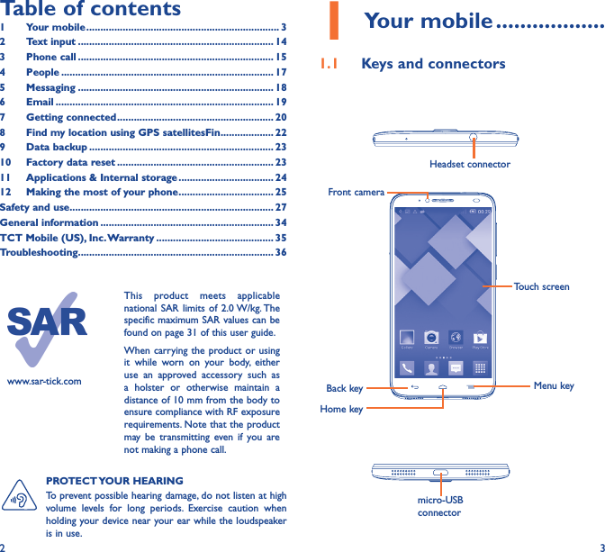 2 3Table of contents1  Your mobile ��������������������������������������������������������������������� 32  Text input ���������������������������������������������������������������������� 143  Phone call ���������������������������������������������������������������������� 154 People ���������������������������������������������������������������������������� 175 Messaging ���������������������������������������������������������������������� 186   Email ������������������������������������������������������������������������������ 197  Getting connected �������������������������������������������������������� 208  Find my location using GPS satellitesFin ������������������� 229  Data backup ������������������������������������������������������������������ 2310  Factory data reset �������������������������������������������������������� 2311   Applications &amp; Internal storage ���������������������������������� 2412   Making the most of your phone ���������������������������������� 25Safety and use ������������������������������������������������������������������������� 27General information �������������������������������������������������������������� 34TCT Mobile (US), Inc� Warranty ������������������������������������������ 35Troubleshooting���������������������������������������������������������������������� 36www.sar-tick.comThis product meets applicable national SAR limits of 2.0 W/kg. The specific maximum SAR values can be found on page 31 of this user guide.When carrying the product or using it while worn on your body, either use an approved accessory such as a holster or otherwise maintain a distance of 10 mm from the body to ensure compliance with RF exposure requirements. Note that the product may be transmitting even if you are not making a phone call.1 Your mobile ������������������1�1  Keys and connectorsHeadset connector Back keyFront cameraHome keyMenu keymicro-USB connectorTouch screenPROTECT YOUR  HEARING To prevent possible hearing damage, do not listen at high volume levels for long periods. Exercise caution when holding your device near your ear while the loudspeaker is in use.