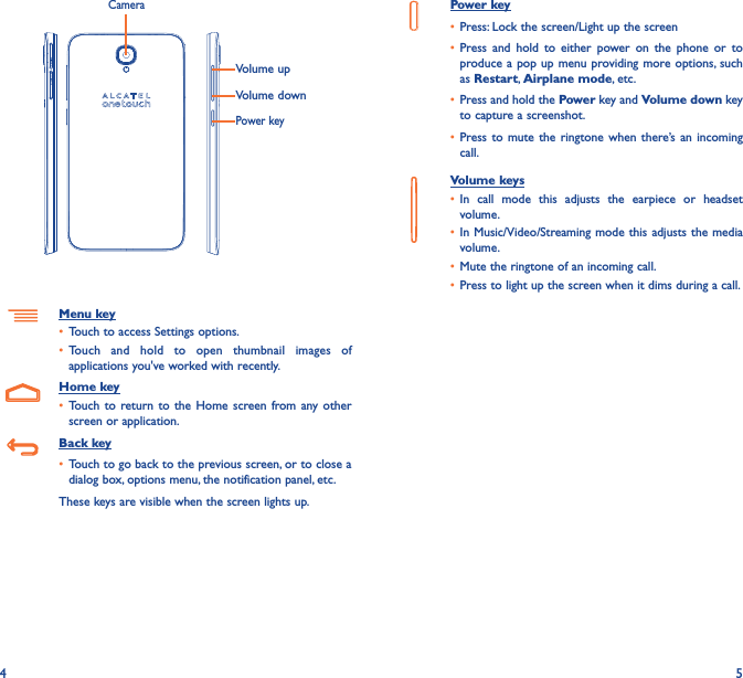 4 5Power keyVolume upVolume downCameraMenu key• Touch to access Settings options.• Touch and hold to open thumbnail images of applications you&apos;ve worked with recently.Home key• Touch to return to the Home screen from any other screen or application.Back key• Touch to go back to the previous screen, or to close a dialog box, options menu, the notification panel, etc.These keys are visible when the screen lights up.Power key• Press: Lock the screen/Light up the screen• Press and hold to either power on the phone or to produce a pop up menu providing more options, such as Restart, Airplane mode, etc.• Press and hold the Power key and Volume down key to capture a screenshot.• Press to mute the ringtone when there’s an incoming call.Volume keys • In call mode this adjusts the earpiece or headset volume.• In Music/Video/Streaming mode this adjusts the media volume.• Mute the ringtone of an incoming call.• Press to light up the screen when it dims during a call.