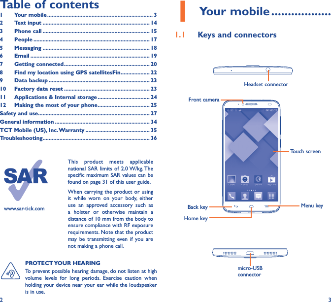 2 3Table of contents1  Your mobile ��������������������������������������������������������������������� 32  Text input ���������������������������������������������������������������������� 143  Phone call ���������������������������������������������������������������������� 154 People ���������������������������������������������������������������������������� 175 Messaging ���������������������������������������������������������������������� 186   Email ������������������������������������������������������������������������������ 197  Getting connected �������������������������������������������������������� 208  Find my location using GPS satellitesFin ������������������� 229  Data backup ������������������������������������������������������������������ 2310  Factory data reset �������������������������������������������������������� 2311   Applications &amp; Internal storage ���������������������������������� 2412   Making the most of your phone ���������������������������������� 25Safety and use ������������������������������������������������������������������������� 27General information �������������������������������������������������������������� 34TCT Mobile (US), Inc� Warranty ������������������������������������������ 35Troubleshooting���������������������������������������������������������������������� 36www.sar-tick.comThis product meets applicable national SAR limits of 2.0 W/kg. The specific maximum SAR values can be found on page 31 of this user guide.When carrying the product or using it while worn on your body, either use an approved accessory such as a holster or otherwise maintain a distance of 10 mm from the body to ensure compliance with RF exposure requirements. Note that the product may be transmitting even if you are not making a phone call.1 Your mobile ������������������1�1  Keys and connectorsPROTECT YOUR  HEARING To prevent possible hearing damage, do not listen at high volume levels for long periods. Exercise caution when holding your device near your ear while the loudspeaker is in use.Headset connector Back keyFront cameraHome keyMenu keymicro-USB connectorTouch screen