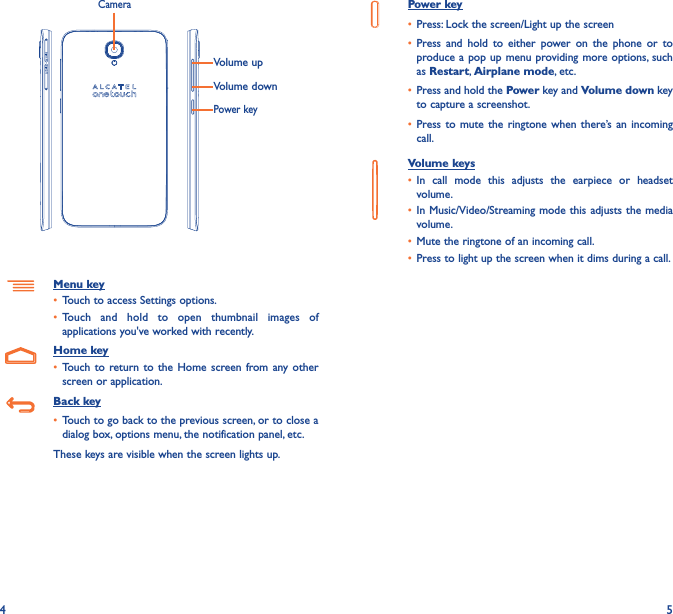 4 5Power keyVolume upVolume downCameraMenu key• Touch to access Settings options.• Touch and hold to open thumbnail images of applications you&apos;ve worked with recently.Home key• Touch to return to the Home screen from any other screen or application.Back key• Touch to go back to the previous screen, or to close a dialog box, options menu, the notification panel, etc.These keys are visible when the screen lights up.Power key• Press: Lock the screen/Light up the screen• Press and hold to either power on the phone or to produce a pop up menu providing more options, such as Restart, Airplane mode, etc.• Press and hold the Power key and Volume down key to capture a screenshot.• Press to mute the ringtone when there’s an incoming call.Volume keys • In call mode this adjusts the earpiece or headset volume.• In Music/Video/Streaming mode this adjusts the media volume.• Mute the ringtone of an incoming call.• Press to light up the screen when it dims during a call.