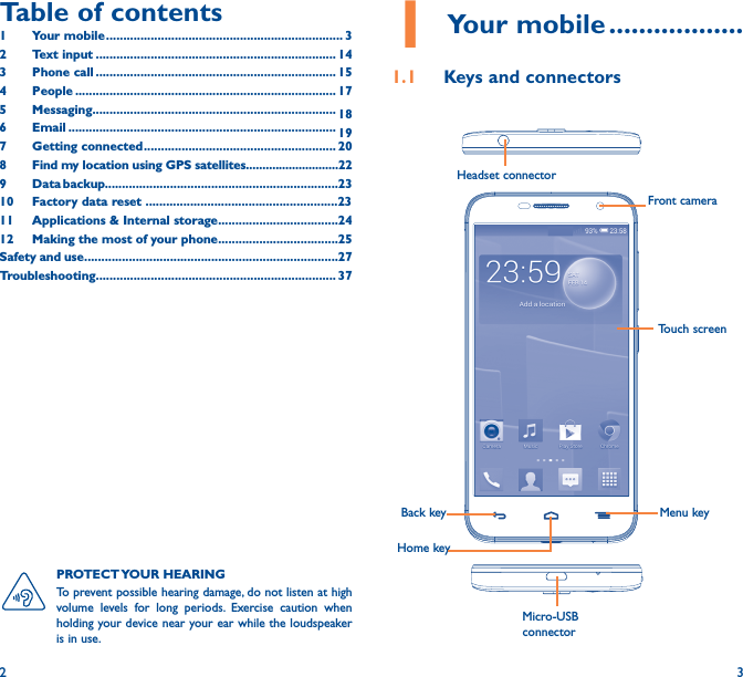 2 3Table of contents1  Your mobile ��������������������������������������������������������������������� 32  Text input ���������������������������������������������������������������������� 143  Phone call ���������������������������������������������������������������������� 154 People ���������������������������������������������������������������������������� 175 Messaging����������������������������������������������������������������������� 186   Email ������������������������������������������������������������������������������ 197  Getting connected �������������������������������������������������������� 208  Find my location using GPS satellites����������������������������229  Data backup��������������������������������������������������������������������2310  Factory data reset ��������������������������������������������������������2311   Applications &amp; Internal storage�����������������������������������2412   Making the most of your phone�����������������������������������25Safety and use��������������������������������������������������������������������������27Troubleshooting���������������������������������������������������������������������� 371 Your mobile ������������������1�1  Keys and connectorsHeadset connector Back keyFront cameraHome keyMenu keyMicro-USB connectorTouch screenPROTECT YOUR  HEARING To prevent possible hearing damage, do not listen at high volume levels for long periods. Exercise caution when holding your device near your ear while the loudspeaker is in use.