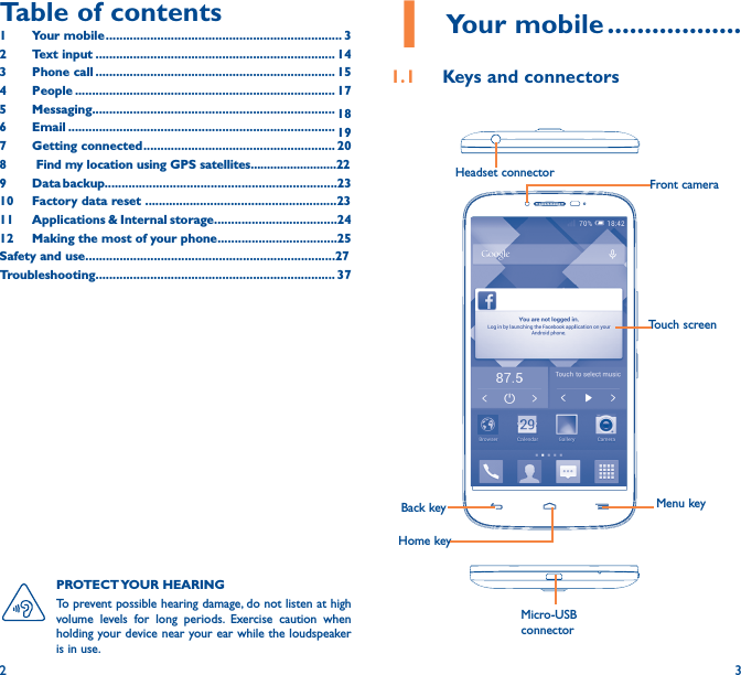 2 3Table of contents1  Your mobile ��������������������������������������������������������������������� 32  Text input ���������������������������������������������������������������������� 143  Phone call ���������������������������������������������������������������������� 154 People ���������������������������������������������������������������������������� 175 Messaging����������������������������������������������������������������������� 186   Email ������������������������������������������������������������������������������ 197  Getting connected �������������������������������������������������������� 208    Find my location using GPS satellites��������������������������229  Data backup��������������������������������������������������������������������2310  Factory data reset ��������������������������������������������������������2311   Applications &amp; Internal storage������������������������������������2412   Making the most of your phone�����������������������������������25Safety and use�������������������������������������������������������������������������27Troubleshooting���������������������������������������������������������������������� 371 Your mobile ������������������1�1  Keys and connectorsHeadset connector Back keyFront cameraHome keyMenu keyMicro-USB connectorTouch screenPROTECT YOUR  HEARING To prevent possible hearing damage, do not listen at high volume levels for long periods. Exercise caution when holding your device near your ear while the loudspeaker is in use.