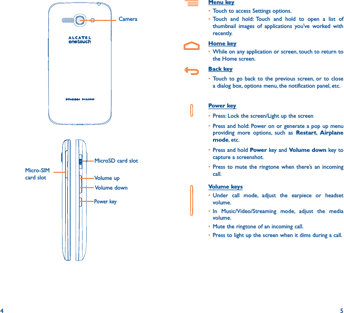 4 5Menu key• Touch to access Settings options.• Touch and hold: Touch and hold to open a list of thumbnail images of applications you&apos;ve worked with recently.Home key• While on any application or screen, touch to return to the Home screen.Back key• Touch to go back to the previous screen, or to close a dialog box, options menu, the notification panel, etc.Power key• Press: Lock the screen/Light up the screen• Press and hold: Power on or generate a pop up menu providing more options, such as Restart,  Airplane mode, etc.• Press and hold Power key and Volume down key to capture a screenshot.• Press to mute the ringtone when there’s an incoming call.Volume keys • Under call mode, adjust the earpiece or headset volume.• In Music/Video/Streaming mode, adjust the media volume.• Mute the ringtone of an incoming call.• Press to light up the screen when it dims during a call.Power keyMicroSD card slotCamera Volume upVolume downMicro-SIM card slot