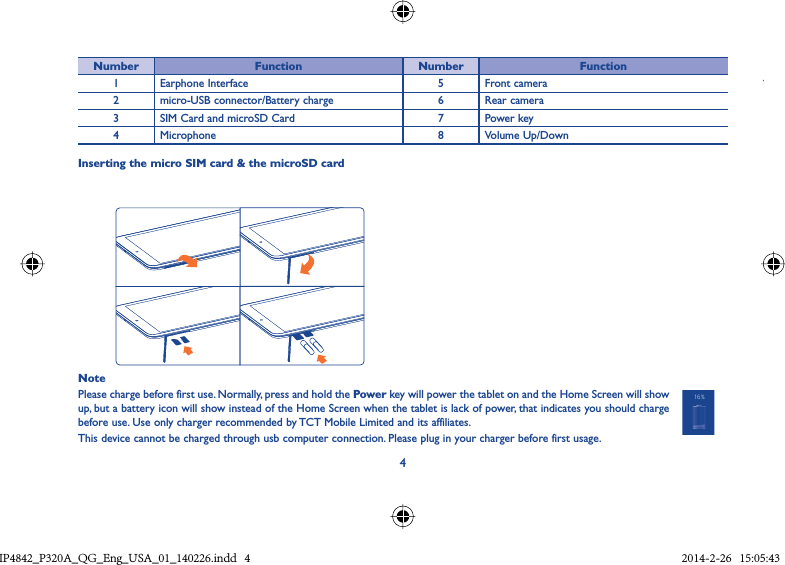 4Number Function Number Function1 Earphone Interface 5 Front camera2 micro-USB connector/Battery charge 6 Rear camera3 SIM Card and microSD Card 7 Power key4 Microphone 8 Volume Up/DownInserting the micro SIM card &amp; the microSD cardNotePlease charge before first use. Normally, press and hold the Powe r key will power the tablet on and the Home Screen will show up, but a battery icon will show instead of the Home Screen when the tablet is lack of power, that indicates you should charge before use. Use only charger recommended by TCT Mobile Limited and its affiliates. This device cannot be charged through usb computer connection. Please plug in your charger before first usage.YIP4842_P320A_P321_QG_Eng_USA_01_140226.indd   4IP4842_P320A_QG_Eng_USA_01_140226.indd   4 2014-2-26   15:05:432014-2-26   15:05:43