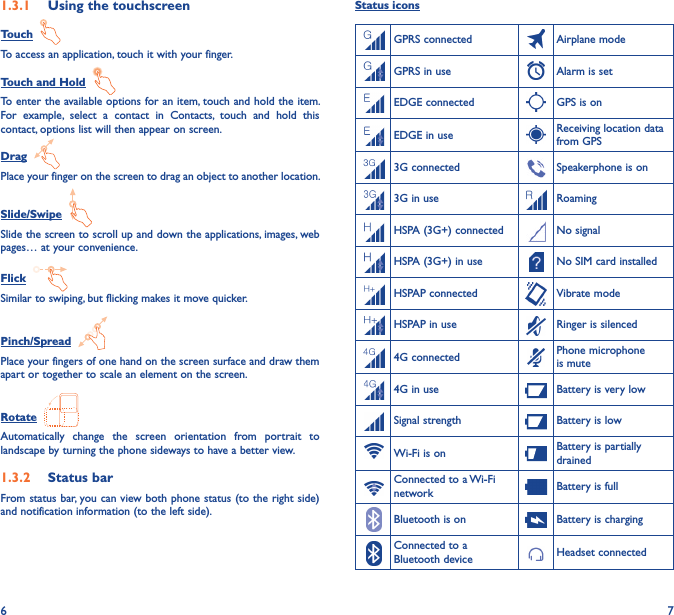 6 71�3�1  Using the touchscreenTouch  To access an application, touch it with your finger.Touch and Hold  To enter the available options for an item, touch and hold the item. For  example,  select  a  contact  in  Contacts,  touch  and  hold  this contact, options list will then appear on screen.Drag  Place your finger on the screen to drag an object to another location.Slide/Swipe  Slide the screen to scroll up and down the applications, images, web pages… at your convenience.Flick  Similar to swiping, but flicking makes it move quicker.Pinch/Spread  Place your fingers of one hand on the screen surface and draw them apart or together to scale an element on the screen.Rotate  Automatically  change  the  screen  orientation  from  portrait  to landscape by turning the phone sideways to have a better view.1�3�2  Status barFrom status bar, you can view both phone status (to the right side) and notification information (to the left side). Status iconsGPRS connected Airplane modeGPRS in use Alarm is setEDGE connected GPS is onEDGE in use Receiving location data from GPS3G connected Speakerphone is on3G in use RoamingHSPA (3G+) connected No signalHSPA (3G+) in use No SIM card installedHSPAP connected Vibrate modeHSPAP in use Ringer is silenced4G connected Phone microphone is mute4G in use Battery is very lowSignal strength Battery is lowWi-Fi is on Battery is partially drainedConnected to a Wi-Fi network Battery is fullBluetooth is on Battery is chargingConnected to a Bluetooth device Headset connected