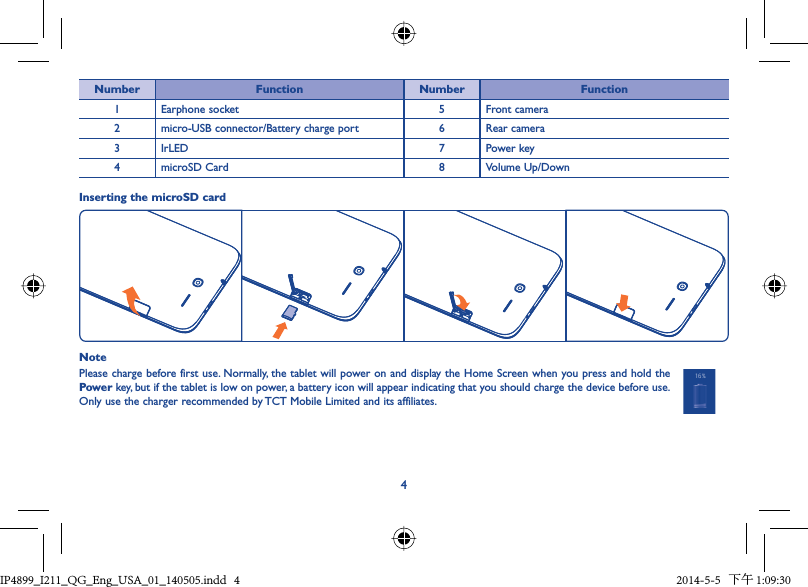 4Number Function Number Function1 Earphone socket 5 Front camera2 micro-USB connector/Battery charge port 6 Rear camera3 IrLED 7 Power key4 microSD Card 8 Volume Up/DownInserting the microSD cardNotePlease charge before first use. Normally, the tablet will power on and display the Home Screen when you press and hold the Power key, but if the tablet is low on power, a battery icon will appear indicating that you should charge the device before use. Only use the charger recommended by TCT Mobile Limited and its affiliates.IP4899_I211_QG_Eng_USA_01_140505.indd   4IP4899_I211_QG_Eng_USA_01_140505.indd   4 2014-5-5   下午 1:09:302014-5-5   下午 1:09:30