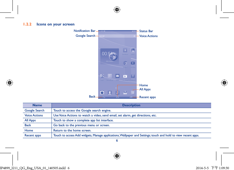 61.2.2  Icons on your screenNotification BarGoogle SearchAll AppsBackStatus BarVoice ActionsHomeRecent appsName DescriptionGoogle Search Touch to access the Google search engine.Voice Actions Use Voice Actions to watch a video, send email, set alarm, get directions, etc.All Apps Touch to show a complete app list interface.Back Go back to the previous menu or screen.Home Return to the home screen.Recent apps Touch to access Add widgets, Manage applications, Wallpaper and Settings; touch and hold to view recent apps.IP4899_I211_QG_Eng_USA_01_140505.indd   6IP4899_I211_QG_Eng_USA_01_140505.indd   6 2014-5-5   下午 1:09:302014-5-5   下午 1:09:30