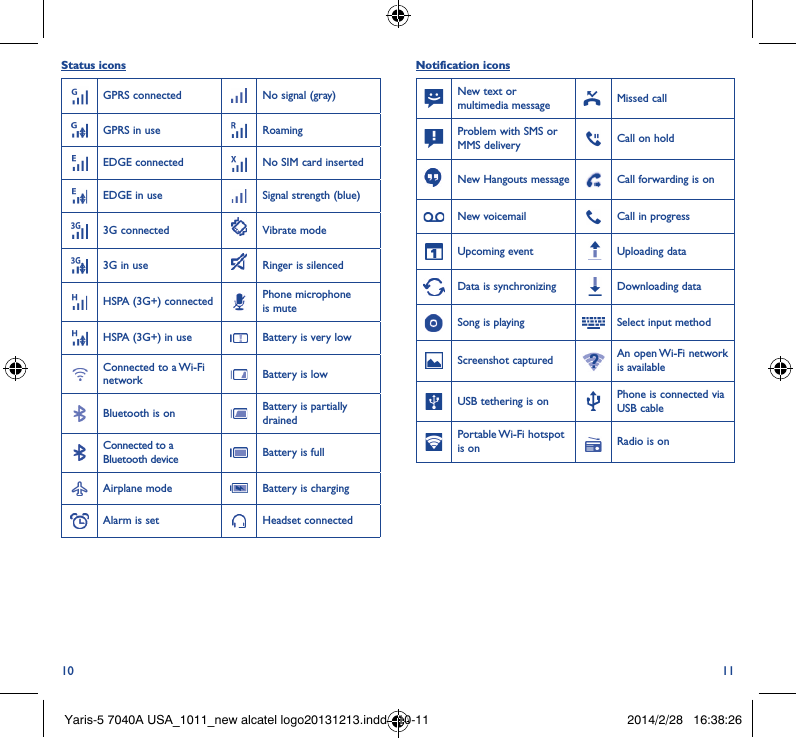 10 11Status iconsGPRS connected No signal (gray)GPRS in use RoamingEDGE connected  No SIM card insertedEDGE in use Signal strength (blue)3G connected Vibrate mode3G in use Ringer is silencedHSPA (3G+) connected Phone microphone is muteHSPA (3G+) in use Battery is very lowConnected to a Wi-Fi network Battery is lowBluetooth is on Battery is partially drainedConnected to a Bluetooth device Battery is fullAirplane mode Battery is chargingAlarm is set Headset connectedNotification iconsNew text or multimedia message Missed callProblem with SMS or MMS delivery Call on holdNew Hangouts message Call forwarding is onNew voicemail Call in progress Upcoming event Uploading dataData is synchronizing Downloading dataSong is playing  Select input methodScreenshot captured An open Wi-Fi network is availableUSB tethering is on Phone is connected via USB cablePortable Wi-Fi  hotspot is on Radio is onYaris-5 7040A USA_1011_new alcatel logo20131213.indd   10-11 2014/2/28   16:38:26