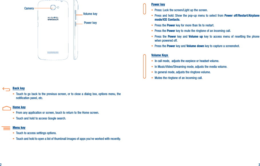 2 3Power keyVolume keyCamera   Back key• Touch to go back to the previous screen, or to close a dialog box, options menu, the notification panel, etc.   Home key• From any application or screen, touch to return to the Home screen.• Touch and hold to access Google search.Menu key• Touch to access settings options.• Touch and hold to open a list of thumbnail images of apps you&apos;ve worked with recently. Power key• Press: Lock the screen/Light up the screen. • Press and hold: Show the pop-up menu to select from Power off/Restart/Airplane mode/ICE Contacts.• Press the Power key for more than 9s to restart.• Press the Power key to mute the ringtone of an incoming call.• Press the Power key and Volume up key to access menu of resetting the phone when powered off.• Press the Power key and Volume down key to capture a screenshot.Volume Keys • In call mode,  adjusts the earpiece or headset volume.• In Music/Video/Streaming mode, adjusts the media volume.• In general mode, adjusts the ringtone volume.• Mutes the ringtone of an incoming call.