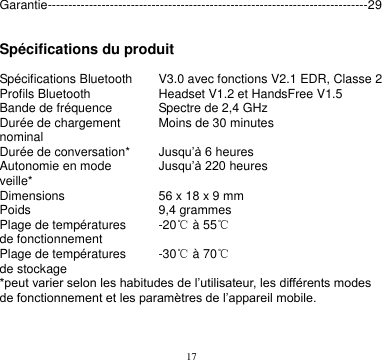 17  Garantie-----------------------------------------------------------------------------29   Spécifications du produit  Spécifications Bluetooth V3.0 avec fonctions V2.1 EDR, Classe 2 Profils Bluetooth Headset V1.2 et HandsFree V1.5 Bande de fréquence Spectre de 2,4 GHz Durée de chargement nominal Moins de 30 minutes Durée de conversation* Jusqu’à 6 heures Autonomie en mode veille* Jusqu’à 220 heures Dimensions 56 x 18 x 9 mm Poids 9,4 grammes Plage de températures de fonctionnement -20℃ à 55℃ Plage de températures de stockage -30℃ à 70℃ *peut varier selon les habitudes de l’utilisateur, les différents modes de fonctionnement et les paramètres de l’appareil mobile.    