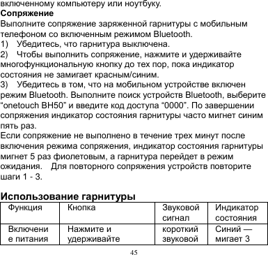 45  включенному компьютеру или ноутбуку. Сопряжение Выполните сопряжение заряженной гарнитуры с мобильным телефоном со включенным режимом Bluetooth. 1)    Убедитесь, что гарнитура выключена. 2)  Чтобы выполнить сопряжение, нажмите и удерживайте многофункциональную кнопку до тех пор, пока индикатор состояния не замигает красным/синим. 3)  Убедитесь в том, что на мобильном устройстве включен режим Bluetooth. Выполните поиск устройств Bluetooth, выберите “onetouch BH50” и введите код доступа “0000”. По завершении сопряжения индикатор состояния гарнитуры часто мигнет синим пять раз. Если сопряжение не выполнено в течение трех минут после включения режима сопряжения, индикатор состояния гарнитуры мигнет 5 раз фиолетовым, а гарнитура перейдет в режим ожидания.    Для повторного сопряжения устройств повторите шаги 1 - 3.    Использование гарнитуры Функция Кнопка Звуковой сигнал Индикатор состояния Включение питания Нажмите и удерживайте короткий звуковой Синий — мигает 3 