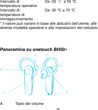 58  Intervallo di temperature operative Da -20  ℃  a 55 °C Intervallo di temperature di immagazzinamento Da -30 °C a 70 °C * il valore può variare in base alle abitudini dell&apos;utente, alle diverse modalità operative e alle impostazioni del cellulare.     Panoramica su onetouch BH50+   A.    Tasto del volume   