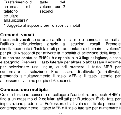 63   Comandi vocali   I  comandi  vocali  sono  una  caratteristica  molto  comoda  che  facilita l&apos;utilizzo  dell&apos;auricolare  grazie  a  istruzioni  vocali.  Premere simultaneamente i &quot;tasti laterali per aumentare o diminuire il volume&quot; per più di 6 secondi per attivare la modalità di selezione della lingua. L&apos;auricolare onetouch BH50+ è disponibile in 3 lingue: inglese, cinese e spagnolo. Premere il tasto laterale per alzare o abbassare il volume per  selezionare  una  lingua,  quindi  premere  il  tasto  MFB  per confermare  la  selezione.  Può  essere  disattivata  (o  riattivata) premendo  simultaneamente  il  tasto  MFB  e  il  tasto  laterale  per abbassare il volume per più di 6 secondi.  Connessione multipla Questa funzione consente di collegare l&apos;auricolare  onetouch BH50+ fino a un massimo di 2 cellulari abilitati per Bluetooth. È abilitata per impostazione predefinita. Può essere disattivata o riattivata premendo contemporaneamente il tasto MFB e il tasto laterale per aumentare il Trasferimento di chiamata  (dal telefono cellulare all&apos;auricolare)* tasto  del volume  per  2 secondi * Soggetto al supporto per i dispositivi mobili 