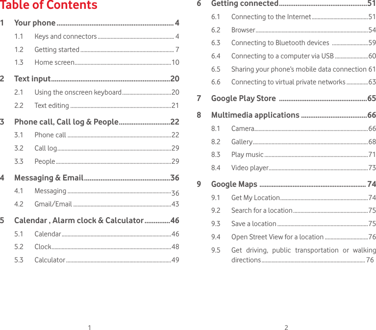 1 2Table of Contents1  Your phone ................................................................ 41.1  Keys and connectors ..................................................... 41.2  Getting started ................................................................. 71.3  Home screen ...................................................................102  Text input ................................................................. 202.1  Using the onscreen keyboard ..................................202.2  Text editing ......................................................................213   Phone call, Call log &amp; People ............................223.1  Phone call ........................................................................223.2  Call log ...............................................................................293.3 People ................................................................................294   Messaging &amp; Email ...............................................364.1 Messaging ........................................................................364.2 Gmail/Email ....................................................................435   Calendar , Alarm clock &amp; Calculator ..............465.1 Calendar ............................................................................465.2 Clock ...................................................................................485.3 Calculator .........................................................................496  Getting connected ................................................516.1  Connecting to the Internet .......................................516.2  Browser ..............................................................................546.3  Connecting to Bluetooth devices  .........................596.4  Connecting to a computer via USB .......................606.5   Sharing your phone’s mobile data connection 616.6   Connecting to virtual private networks ...............637  Google Play Store  ................................................658  Multimedia applications ....................................668.1 Camera...............................................................................668.2 Gallery ................................................................................ 688.3  Play music ........................................................................718.4  Video player .....................................................................739  Google Maps  ............................................................. 749.1  Get My Location .............................................................749.2  Search for a location ....................................................759.3  Save a location ...............................................................759.4  Open Street View for a location ..............................769.5   Get  driving,  public  transportation  or  walking directions ........................................................................ 76
