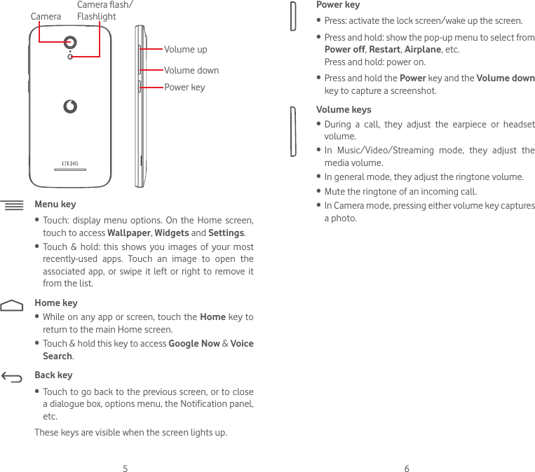 5 6Volume upVolume downPower keyCameraCamera flash/ FlashlightMenu key•  Touch: display menu options. On the Home screen, touch to access Wallpaper, Widgets and Settings.•  Touch  &amp;  hold:  this shows  you  images of  your  most recently-used apps. Touch an image to open the associated  app,  or  swipe  it  left  or  right  to  remove it from the list. Home key•  While on any app or screen, touch the Home key to return to the main Home screen.•  Touch &amp; hold this key to access Google Now &amp; Voice Search.Back key•  Touch to go back to the previous screen, or to close a dialogue box, options menu, the Notification panel, etc.These keys are visible when the screen lights up.Power key•  Press: activate the lock screen/wake up the screen.•  Press and hold: show the pop-up menu to select from Power off, Restart, Airplane, etc.Press and hold: power on.•  Press and hold the Power key and the Volume down key to capture a screenshot. Volume keys •  During a call, they adjust the earpiece or headset volume.•  In Music/Video/Streaming mode, they adjust the media volume.•  In general mode, they adjust the ringtone volume.•  Mute the ringtone of an incoming call.•  In Camera mode, pressing either volume key captures a photo.