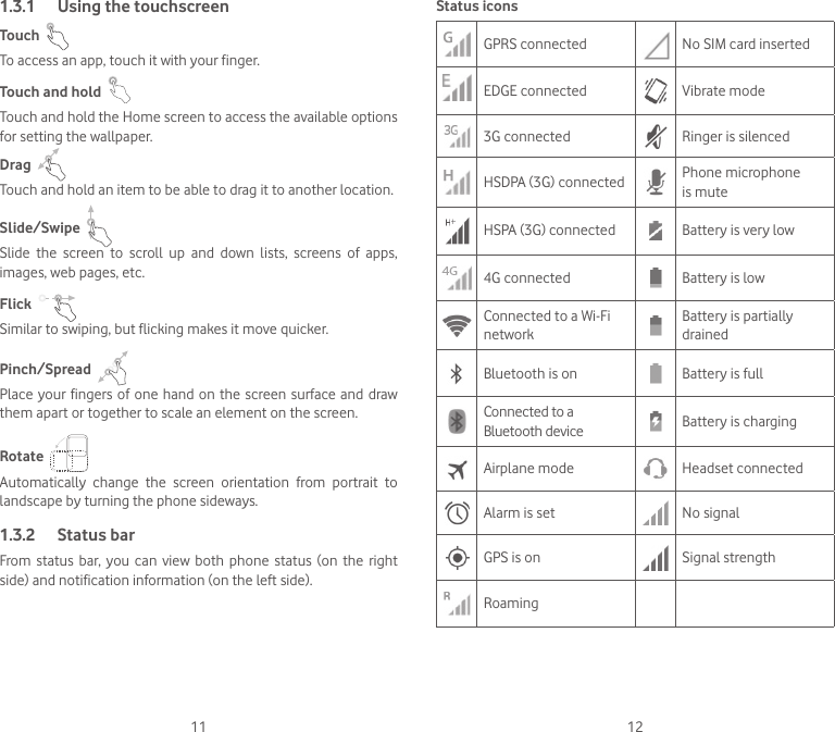 11 121.3.1  Using the touchscreenTouch  To access an app, touch it with your finger.Touch and hold  Touch and hold the Home screen to access the available options for setting the wallpaper.Drag  Touch and hold an item to be able to drag it to another location.Slide/Swipe  Slide  the  screen  to  scroll  up  and  down  lists,  screens  of  apps, images, web pages, etc.Flick  Similar to swiping, but flicking makes it move quicker.Pinch/Spread  Place your fingers  of  one hand on the screen surface and draw them apart or together to scale an element on the screen.Rotate  Automatically change the screen orientation from portrait to landscape by turning the phone sideways.1.3.2  Status barFrom  status  bar,  you  can view  both  phone  status  (on the  right side) and notification information (on the left side). Status iconsGPRS connected No SIM card insertedEDGE connected Vibrate mode3G connected Ringer is silencedHSDPA (3G) connected Phone microphone is muteHSPA (3G) connected Battery is very low4G connected Battery is lowConnected to a Wi-Fi networkBattery is partially drainedBluetooth is on Battery is fullConnected to a Bluetooth device Battery is chargingAirplane mode Headset connectedAlarm is set No signalGPS is on Signal strengthRoaming