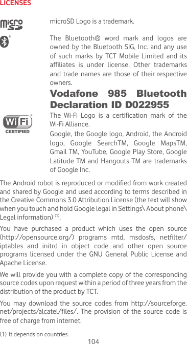 104LICENSES microSD Logo is a trademark. The  Bluetooth®  word  mark  and  logos  are owned  by  the Bluetooth  SIG,  Inc. and  any  use of such marks by TCT Mobile Limited and its affiliates is under license. Other trademarks and trade names are those of their respective owners.  Vodafone 985 Bluetooth Declaration ID D022955 The Wi-Fi Logo is a certification mark of the Wi-Fi Alliance.Google, the Google logo, Android, the Android logo, Google SearchTM, Google MapsTM, Gmail TM, YouTube, Google Play Store, Google Latitude TM and Hangouts TM are trademarks of Google Inc.The Android robot is reproduced or modified from work created and shared by Google and used according to terms described in the Creative Commons 3.0 Attribution License (the text will show when you touch and hold Google legal in Settings\ About phone\ Legal information) (1). You  have  purchased  a  product  which  uses  the  open  source (http://opensource.org/)  programs  mtd,  msdosfs,  netfilter/iptables and initrd in object code and other open source programs licensed under the GNU General Public License and Apache License. We will provide you with a complete copy of the corresponding source codes upon request within a period of three years from the distribution of the product by TCT. You  may  download  the  source  codes  from  http://sourceforge.net/projects/alcatel/files/. The provision of the source code is free of charge from internet. (1)  It depends on countries.