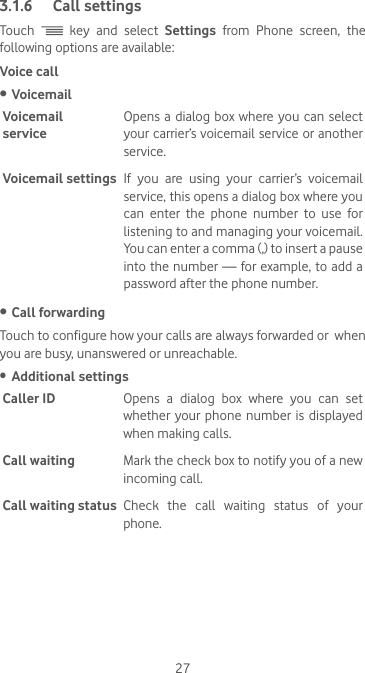 273.1.6  Call settingsTouch   key and select Settings from Phone screen, the following options are available:Voice call• VoicemailVoicemail  serviceOpens a dialog box where you  can  select your carrier’s voicemail service or another service.Voicemail settings If you are using your carrier’s voicemail service, this opens a dialog box where you can enter the phone number to use for listening to and managing your voicemail. You can enter a comma (,) to insert a pause into the number — for example, to add a password after the phone number.• Call forwardingTouch to configure how your calls are always forwarded or  when you are busy, unanswered or unreachable.•  Additional settingsCaller ID Opens  a  dialog  box  where  you  can  set whether your  phone number  is  displayed when making calls.Call waiting Mark the check box to notify you of a new incoming call.Call waiting status Check  the  call  waiting  status  of  your phone.