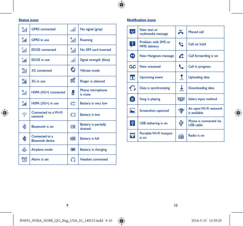 910Status iconsGPRS connected No signal (gray)GPRS in use RoamingEDGE connected  No SIM card insertedEDGE in use Signal strength (blue)3G connected Vibrate mode3G in use Ringer is silencedHSPA (3G+) connected Phone microphone is muteHSPA (3G+) in use Battery is very lowConnected to a Wi-Fi network Battery is lowBluetooth is on Battery is partially drainedConnected to a Bluetooth device Battery is fullAirplane mode Battery is chargingAlarm is set Headset connectedNotification iconsNew text or multimedia message Missed callProblem with SMS or MMS delivery Call on holdNew Hangouts message Call forwarding is onNew voicemail Call in progress Upcoming event Uploading dataData is synchronizing Downloading dataSong is playing  Select input methodScreenshot captured An open Wi-Fi network is availableUSB tethering is on Phone is connected via USB cablePortable Wi-Fi  hotspot is on Radio is onIP4953_5038A_5038E_QG_Eng_USA_01_140515.indd   9-10IP4953_5038A_5038E_QG_Eng_USA_01_140515.indd   9-10 2014-5-15   15:39:292014-5-15   15:39:29